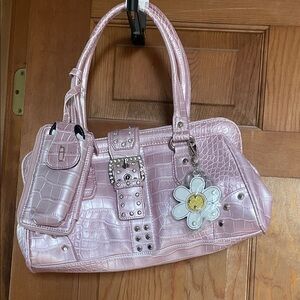 Kathy Van Zeeland Pink Croc-Embossed Satchel with Floral Charm